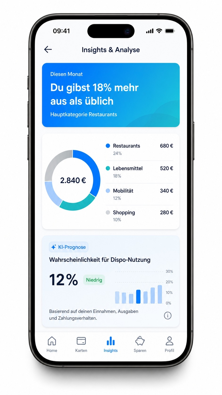 ACCELERAID Banking App — Insights & Analyse mit Ausgabenkategorien und KI-Prognose