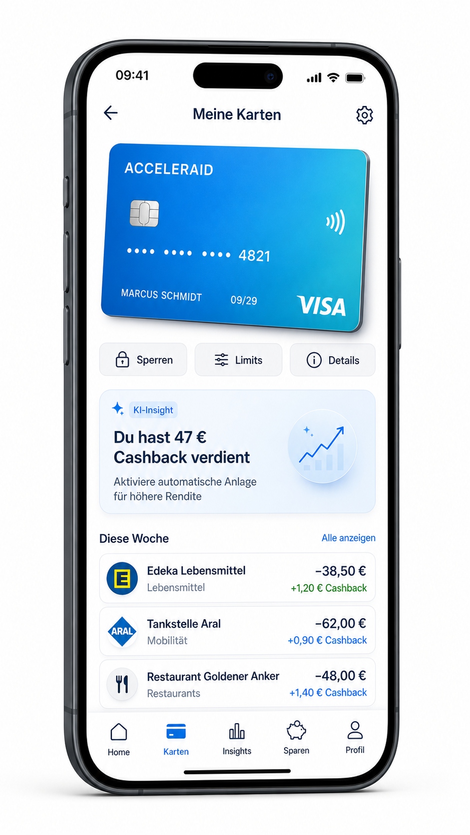 ACCELERAID Banking App — Meine Karten mit KI-Insight Cashback und Transaktionskategorisierung