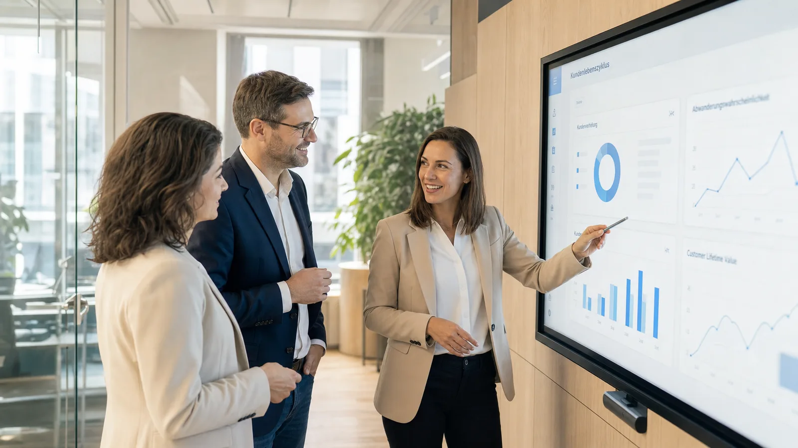 ACCELERAID demo session — banking specialists reviewing a customer lifecycle dashboard with uplift and CLV metrics