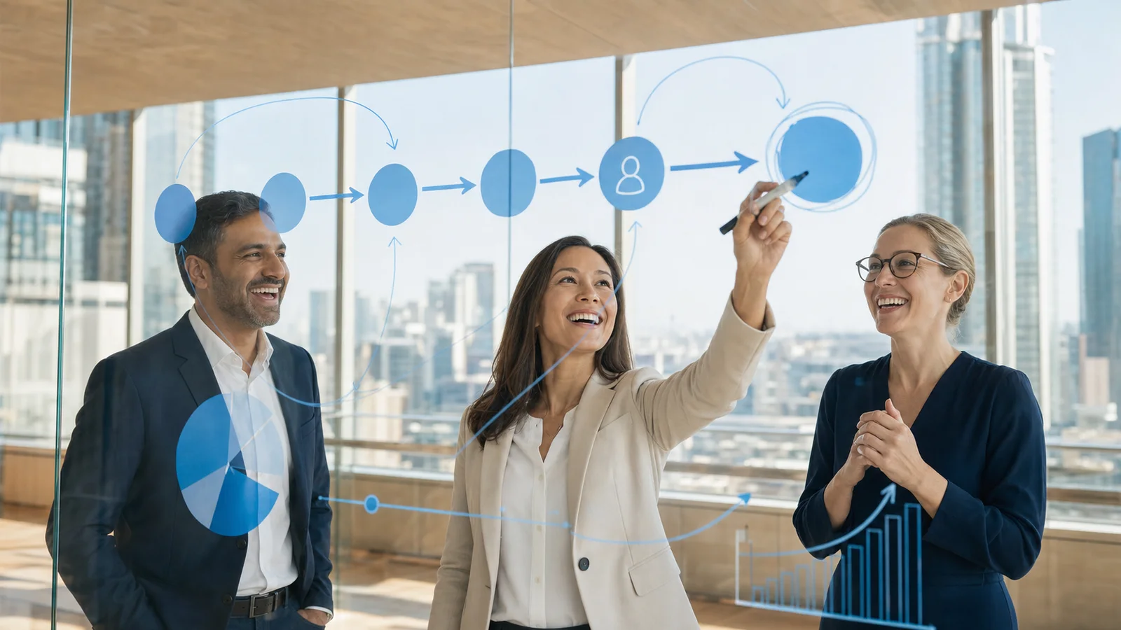 ACCELERAID Team bespricht ein Customer-Lifecycle-Journey-Diagramm mit KPI-Visualisierungen