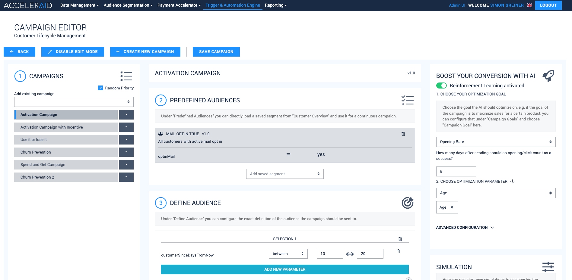 ACCELERAID Email Journey Builder — CLM campaign editor for banking