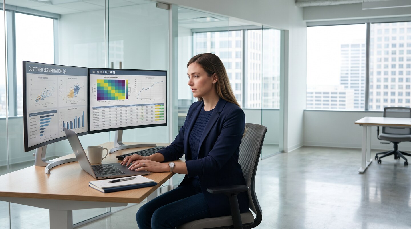 ACCELERAID Product Roadmap 2026 — Data scientist reviewing ML model outputs and customer segmentation dashboards