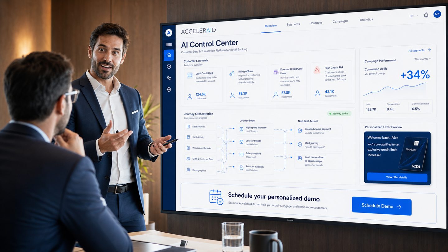 ACCELERAID demo session — banking specialists reviewing AI platform use cases and KPIs